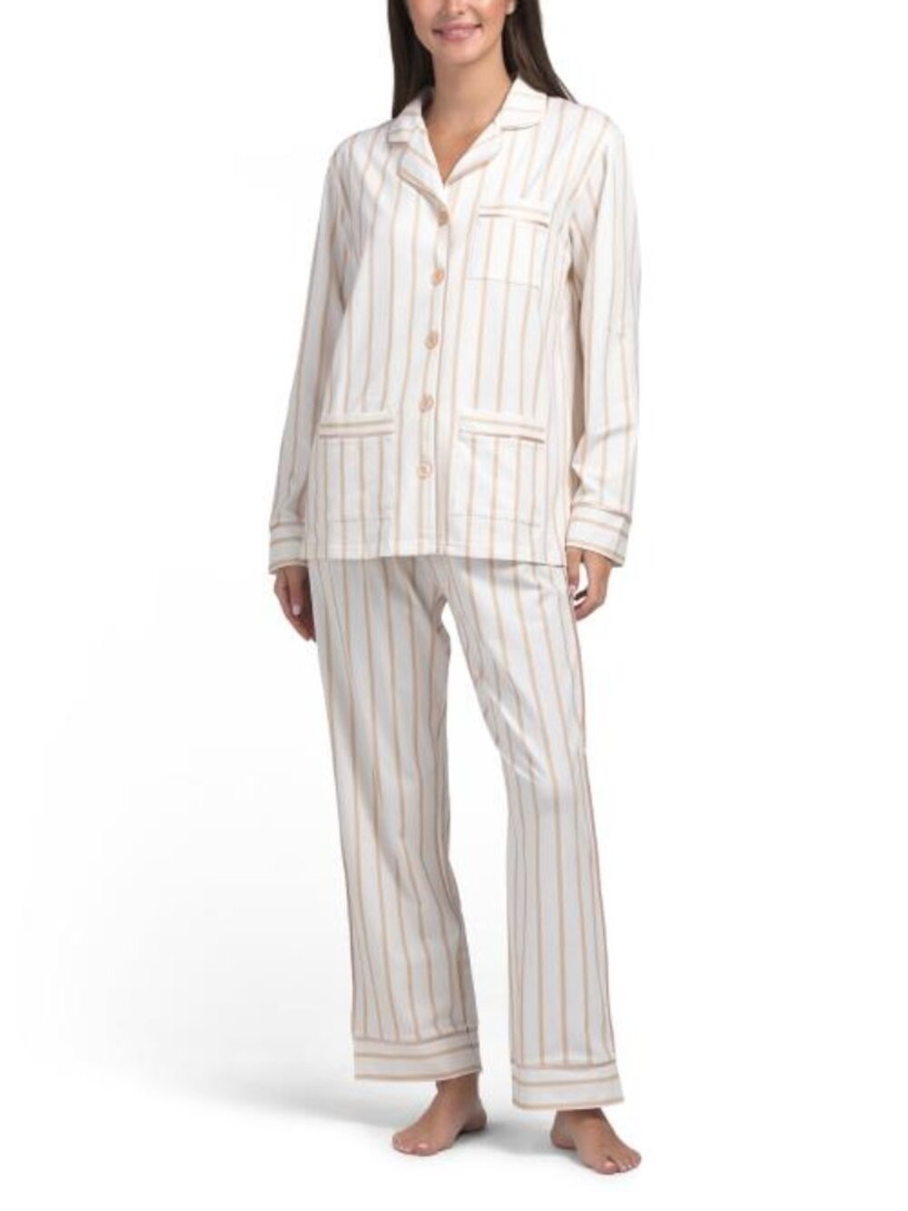 KIP 2pc Cotton Blend Luxe Stretch Stripe Notch Pajama Top And Pants Set